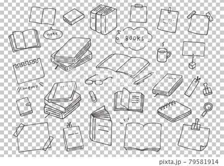 本やノート、文房具の手描きイラスト(モノクロ) 本やノート、文房具の手描きイラスト(モノクロ) 79581914