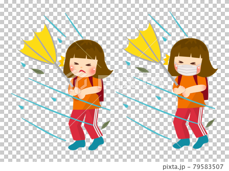 雨傘要被風吹走的小學生 雨傘要被風吹走的小學生 79583507
