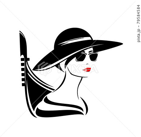 beautiful woman wearing hat and sunglasses with venetian gondola boat black vector portrait 79584584