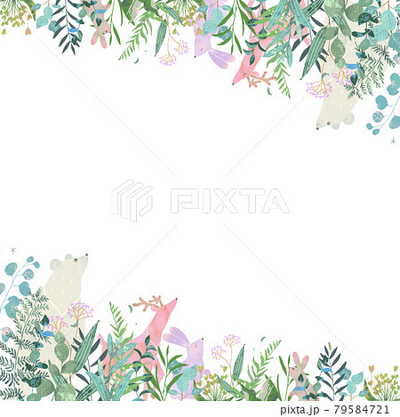森の動物と植物の北欧風かわいいフレームイラスト素材 の