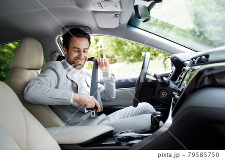 Close auto seat belt, sitting inside transport before driving and go on safe journey Close auto seat belt, sitting inside transport before driving and go on safe journey 79585750