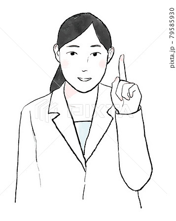 水彩手描き人物イラスト 白衣の日本人女性医師 上半身 人差し指 ポイント アドバイスのイラスト素材