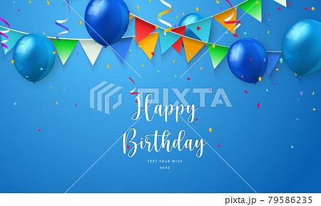 Blue ballon and colorful ribbon Happy Birthday celebration card banner template background 79586235