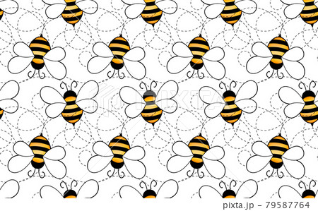 Seamless pattern with bees on white background. Small wasp. Vector illustration. Adorable cartoon character. Template design for invitation, cards, textile, fabric. Doodle style 79587764