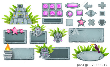 Stone UI game buttons vector collection, rock sign board set, tropical maya pyramid, tiki mask 79588915
