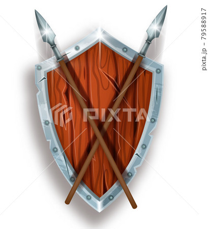 Wooden game shield vector icon, medieval fantasy knight armor, iron spear isolated on white. Wooden game shield vector icon, medieval fantasy knight armor, iron spear isolated on white. 79588917