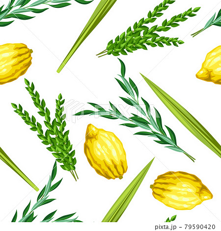 Happy Sukkot seamless pattern. Holiday background with Jewish festival traditional symbols. 79590420