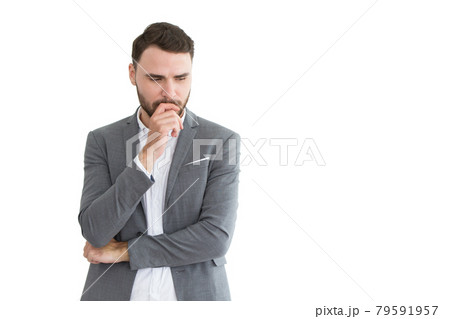 Business man thinking stress or consider make a decision posture isolated on white background. male forget mistake hesitate expression. 79591957