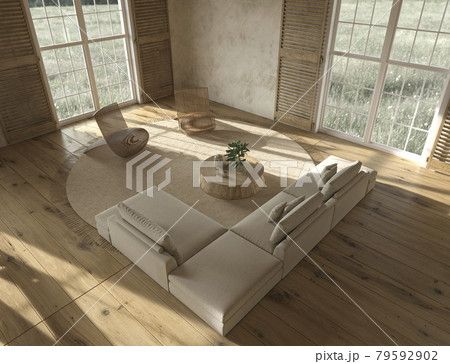 Scandinavian farmhouse style beige living room interior with natural wooden furniture. Top view. 3d render illustration. 79592902
