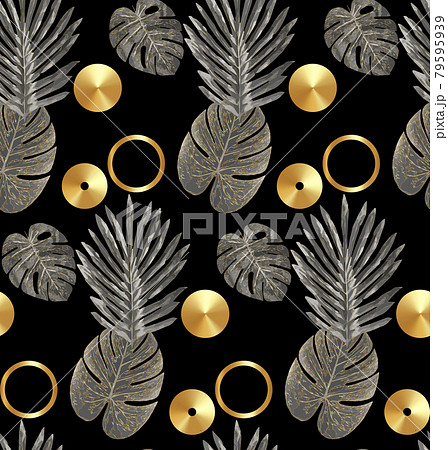 Luxury gold and black tropical plant seamless background vector. Floral pattern with golden tropical palm, monstera leaf, exotic plant, Jungle plants, shiny line art on black background Luxury gold and black tropical plant seamless background vector. Floral pattern with golden tropical palm, monstera leaf, exotic plant, Jungle plants, shiny line art on black background 79595939