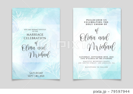Wedding invitation template on pastel cyan liquid marble watercolor background with white branches and frame. Teal mint marbled alcohol ink drawing effect. Vector illustration of romantic card design 79597944