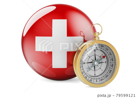 Compass with Swiss flag. Travel and tourism in Switzerland concept. 3D rendering 79599121