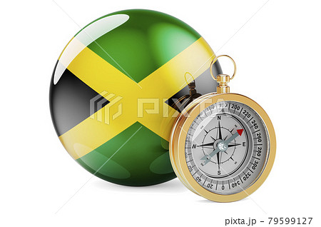 Compass with Jamaican flag. Travel and tourism in Jamaica concept. 3D rendering Compass with Jamaican flag. Travel and tourism in Jamaica concept. 3D rendering 79599127