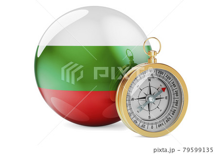 Compass with Bulgarian flag. Travel and tourism in Bulgaria concept. 3D rendering 79599135
