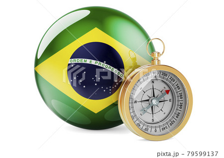 Compass with Brazilian flag. Travel and tourism in Brazil concept. 3D rendering Compass with Brazilian flag. Travel and tourism in Brazil concept. 3D rendering 79599137