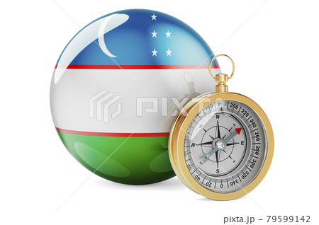 Compass with Uzbek flag. Travel and tourism in Uzbekistan concept. 3D rendering Compass with Uzbek flag. Travel and tourism in Uzbekistan concept. 3D rendering 79599142