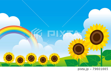 青空と虹と入道雲とヒマワリの夏の風景イラストのイラスト素材