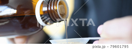 Man pours sweet syrup from bottle into spoon 79601795