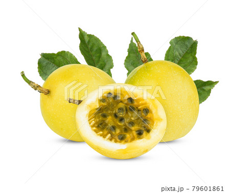 yellow passion fruit with leaf on white background 79601861