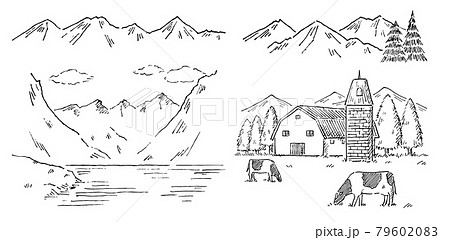 山の風景色々ペン画モノクロのイラスト素材 7960