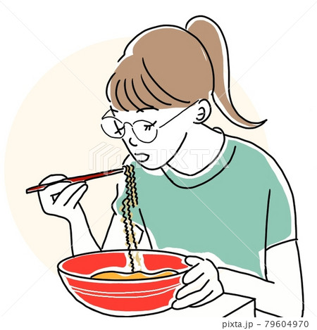 ラーメンを食べる眼鏡をかけた女性のイラストのイラスト素材