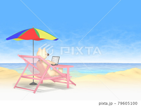 ワーケーション ノートパソコンで仕事をする猫 犬 の縫いぐるみのイラスト素材