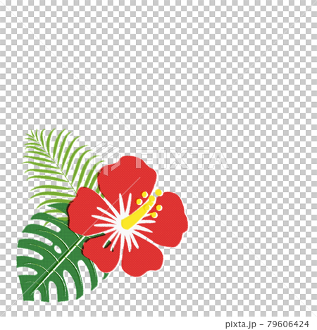 版ずれ風のハイビスカスとモンステラのイラスト（白背景・ベクター