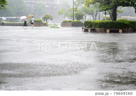 激しい雨の降る街　傘をさして歩く人 79609560