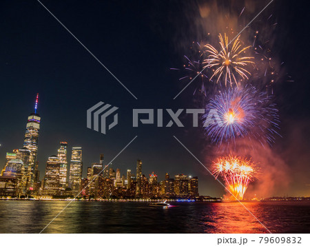 Fireworks celebration of July 4th with the famous Manhattan skyline 79609832