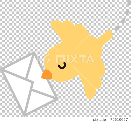 A small yellow bird flying with a letter in its mouth 79610637