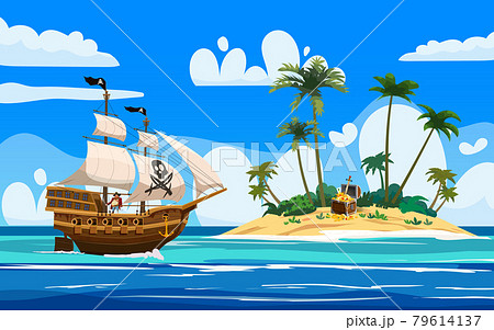 Pirate ship naval armed n ocean, Tropical Island, treasure cheast, tropical, palms. Sea landscape coast, beach, sand, adventure, game. Vector illustration Pirate ship naval armed n ocean, Tropical Island, treasure cheast, tropical, palms. Sea landscape coast, beach, sand, adventure, game. Vector illustration 79614137