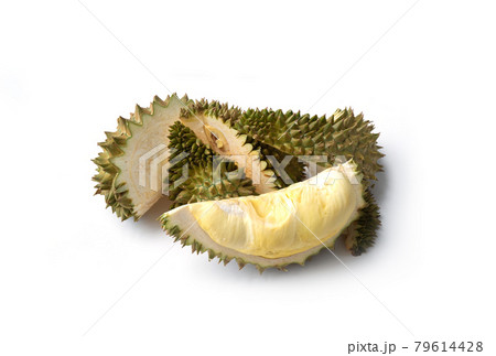 Fresh ripe durian peels with shell and thorn. King of Thai fruits. Tropical and seasonal famous fruits isolated on white background. 79614428