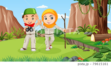 Nature scene with muslim kids exploring in the forest 79615161
