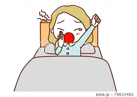 <正面>眠すぎてベッドの中で大あくびをする白人女性 <正面>眠すぎてベッドの中で大あくびをする白人女性 79615462