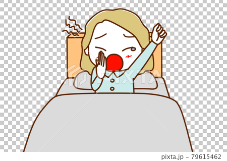 <正面>眠すぎてベッドの中で大あくびをする白人女性 <正面>眠すぎてベッドの中で大あくびをする白人女性 79615462