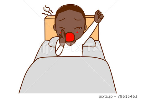 正面 眠すぎてベッドの中で大あくびをするアフリカ系男性のイラスト素材