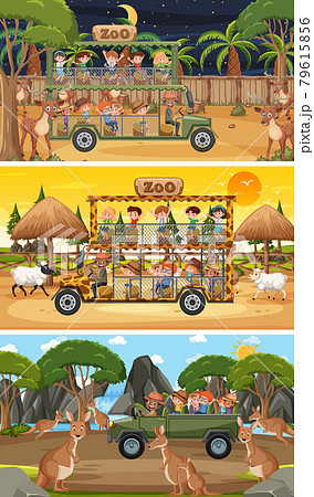 Set of different safari horizontal scenes with animals and kids cartoon character Set of different safari horizontal scenes with animals and kids cartoon character 79615856