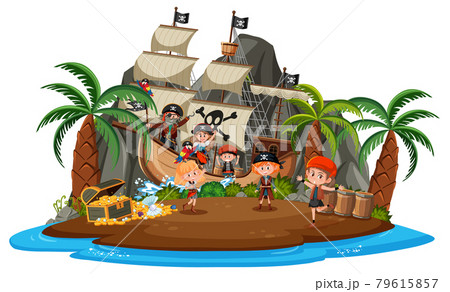 Pirate ship on island with many kids isolated on white background 79615857