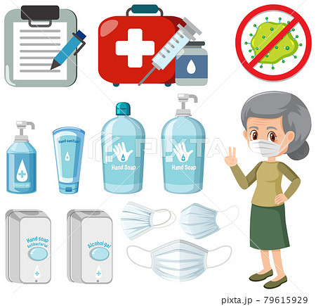 Hand sanitizer products with an old woman isolated 79615929