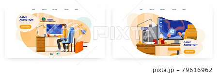Game addiction landing page design, website banner vector template set. Teenage boy playing video game. Mental health. 79616962
