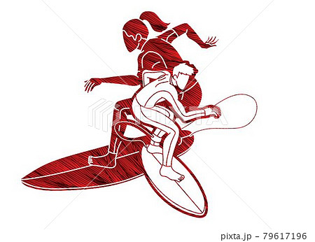 Group of Surfer Action Surfing Sport Man and Woman Players Cartoon Graphic Vector 79617196