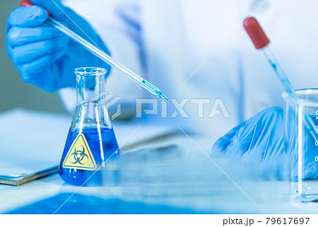 Hand of doctor or researcher in medical blue gloves holding test tube and drop the water for analyzing work. 79617697