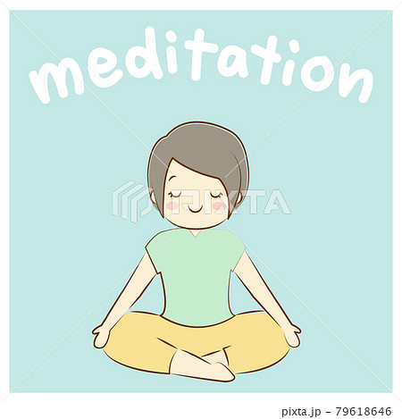 ヨガ 安楽座のポーズ 瞑想する女性 Meditation文字のイラスト素材