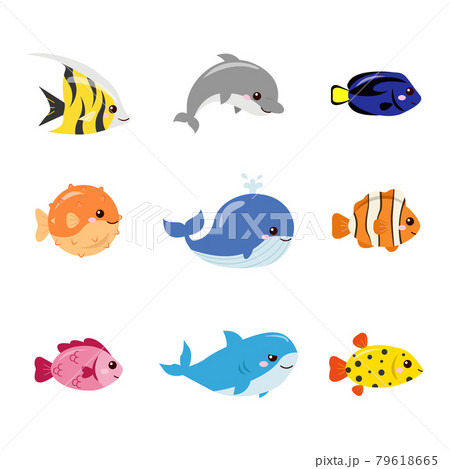 Group of cute ocean fish. Underwater animals. Flat vector cartoon design 79618665