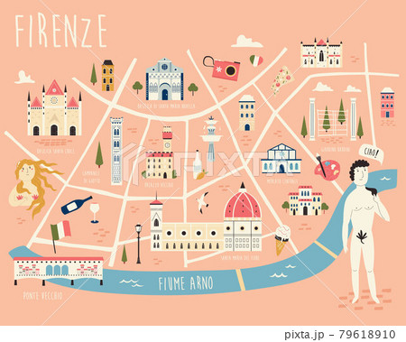 Illustrated map of Florence with famous...のイラスト素材 [79618910
