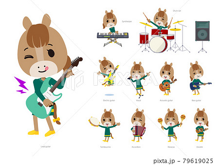 ロックンロールやポップミュージックを演奏するウマの女の子のセットのイラスト素材