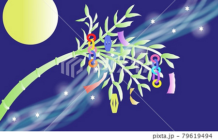 七夕の夜空と短冊イラスト背景 横型のイラスト素材