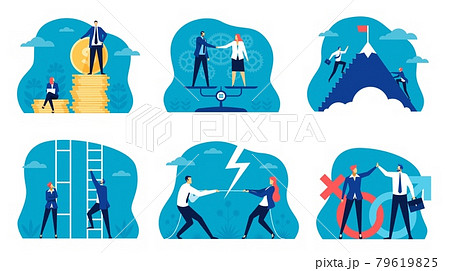 Business gender equality. Man and woman climbing career ladder. Workplace gender discrimination and inequality, salary gap concept vector set 79619825