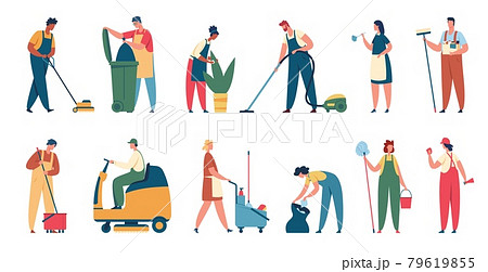 Cleaning service workers. Professional cleaner clean office or house with equipment. Housekeeping services, domestic cleaners, janitors vector set Cleaning service workers. Professional cleaner clean office or house with equipment. Housekeeping services, domestic cleaners, janitors vector set 79619855