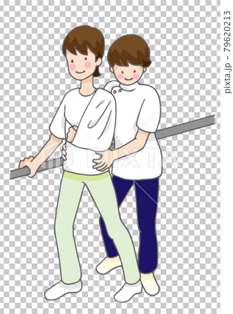 手摺りにつかまってリハビリする人とセラピスト 手摺りにつかまってリハビリする人とセラピスト 79620213